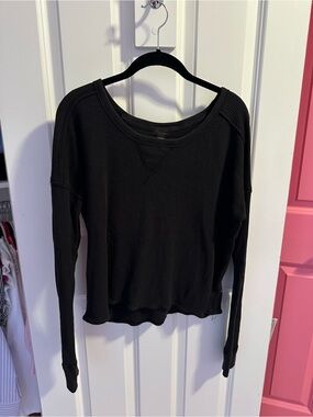 Free People Black Waffle Knit Long Sleeve Pullover